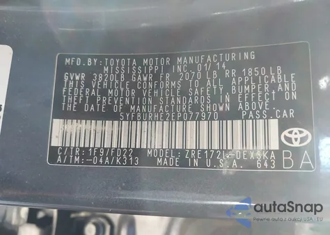 2014 Toyota Corolla S z USA, uszkodzony, nr VIN 5YFBURHE2EP077970